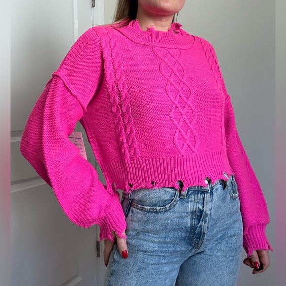 Neon Pink Distressed Crop Cable Knit Sweater - Picture 7 of 10